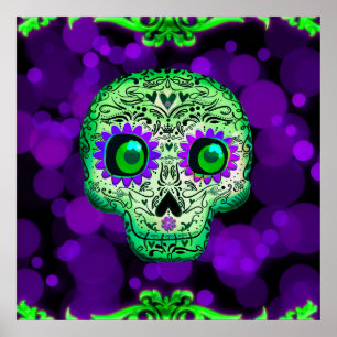 Poster Cranio de Açúcar Brilhante Verde e Roxo de Hallowe