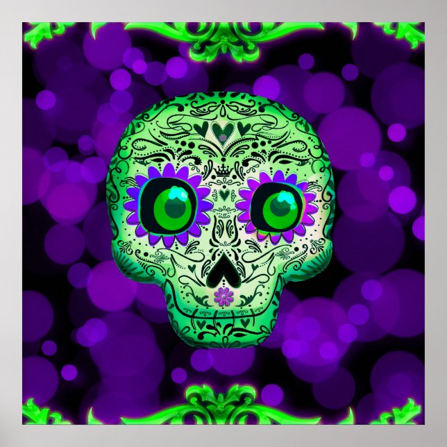 Poster Cranio de Açúcar Brilhante Verde e Roxo de Hallowe (Frente)