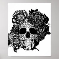 Crânio de açúcar com flores a preto e branco