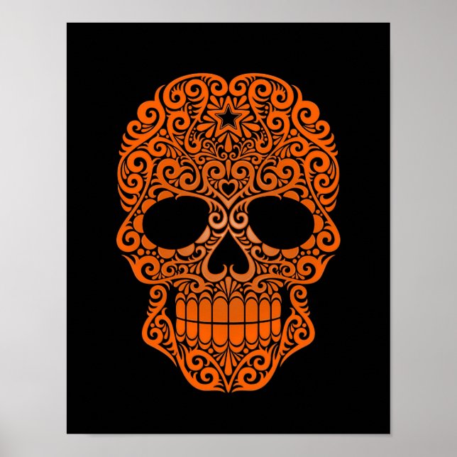 Póster Crânio de açúcar em espiral laranja a preto (Frente)