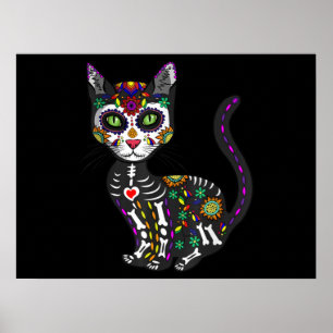 Poster Crânio De Açúcar Gato Mexicano Dia das Bruxas dos 