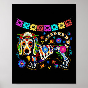 Poster Crânio de Açúcar Mexicano Dachshund Bone Dia das B