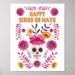 Poster Crânio de Açúcar Mexicano Floral Happy Cinco de Ma