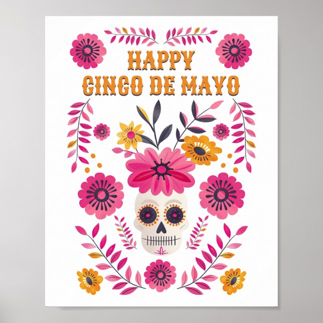 Poster Crânio de Açúcar Mexicano Floral Happy Cinco de Ma (Frente)