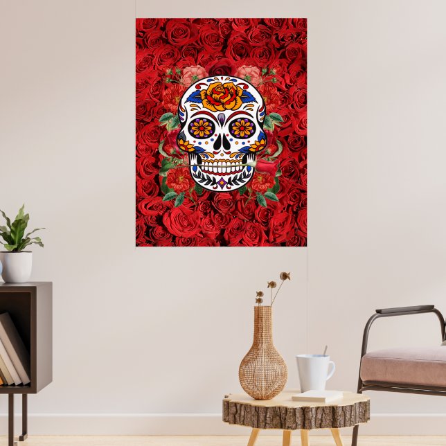 Poster Cranio de Açúcar Rosas Vermelhas e Rosadas Feriado (Sala de Estar 3)