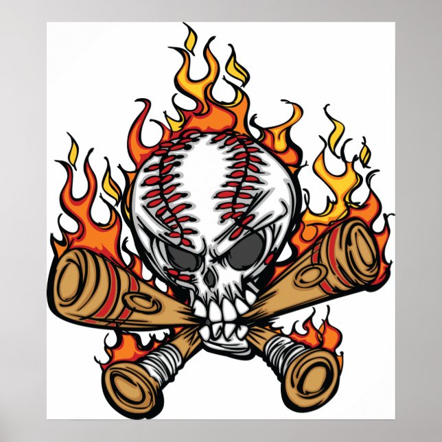 Poster Crânio de Baseball Flaming (Frente)