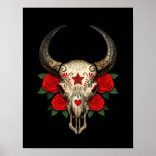 Poster Crânio de Bull com Rosas vermelhas em preto