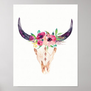 Póster Crânio de Bull da aguarela com as flores roxas e