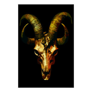 Póster Cranio de Chifres Dourados - Arte Sombria