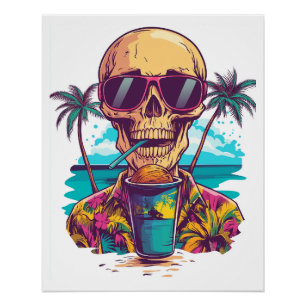 Póster Crânio de Férias � Esqueleto de Praia Engraçado e