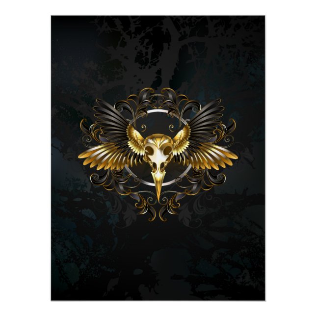 Póster Crânio de Pássaro Dourado em fundo Preto (Frente)