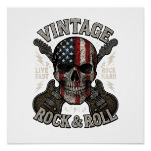 Póster Cranio de Rock Vintage Bandeira Americana Guitarra