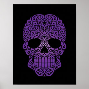 Póster Crânio de roda roxo do açúcar no preto
