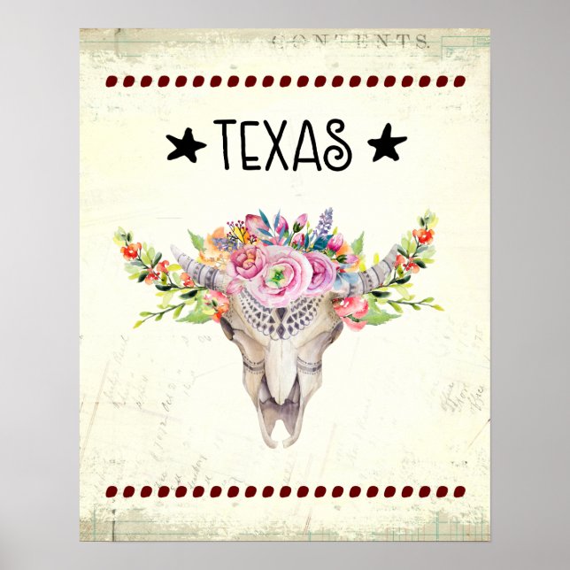Póster Crânio De Vaca Do Texas Boho Com Flores Trendência (Frente)