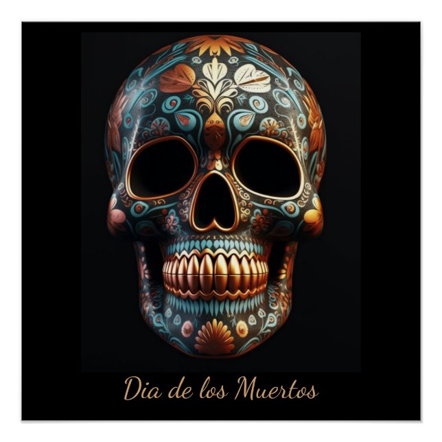 Póster Crânio do Dia dos Mortos em Turquesa Personalizado (Frente)