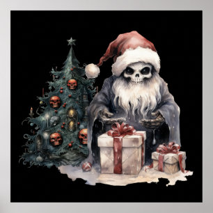 Poster Crânio em chapéu de Papai Noel com árvore de Natal