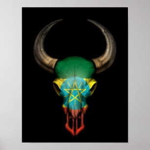 Poster Crânio etíope de Bull da bandeira no preto