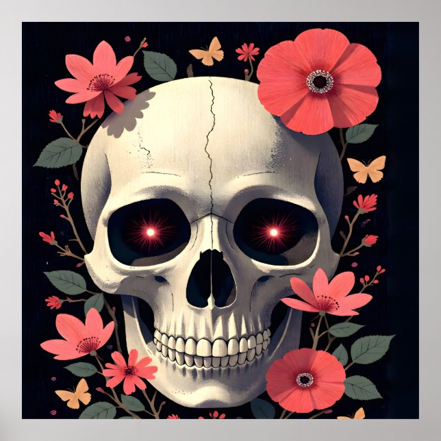 Poster Crânio Floral Gótico - Crânio Estilizado (Frente)