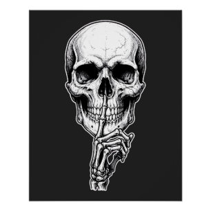 Póster Crânio Gótico Esqueleto Mão Preto e Branco.