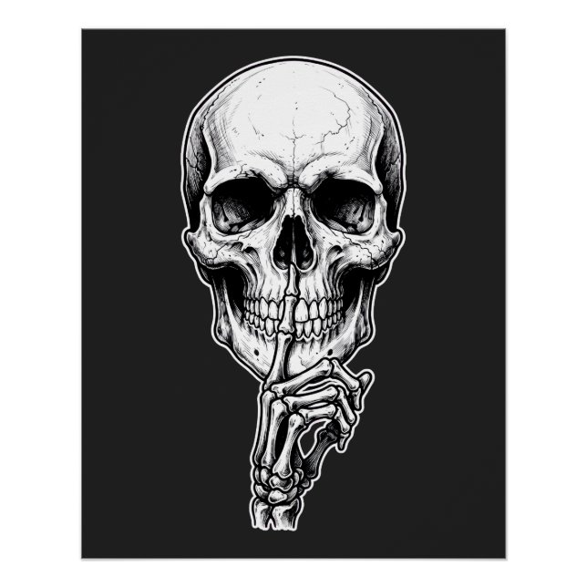 Póster Crânio Gótico Esqueleto Mão Preto e Branco. (Frente)