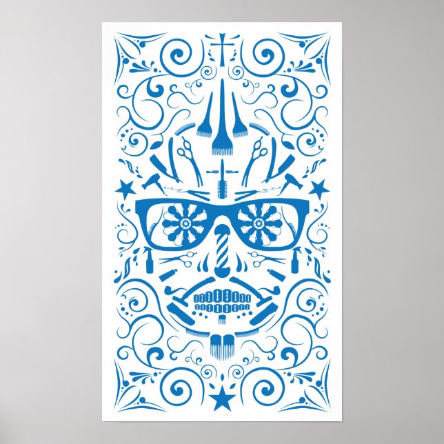 Póster crânio punk de barbearia (Frente)