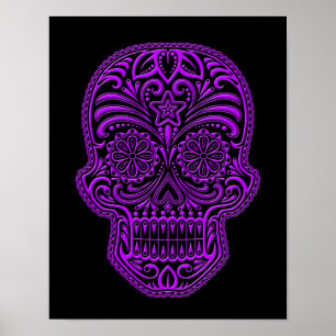 Póster Crânio roxo intrincado do açúcar no preto