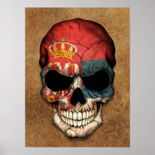 Póster Crânio sérvio envelhecido e vestido da bandeira