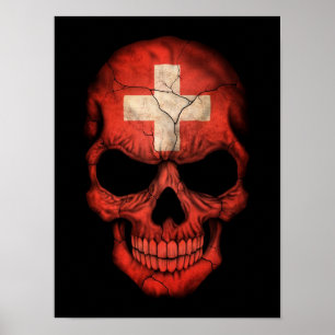 Póster Crânio suíço da bandeira no preto