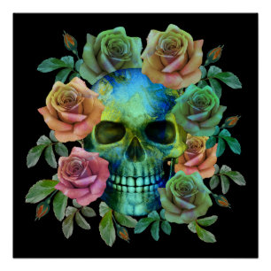 PÓSTER CRÂNIO VERDE MORTE COM FLORES