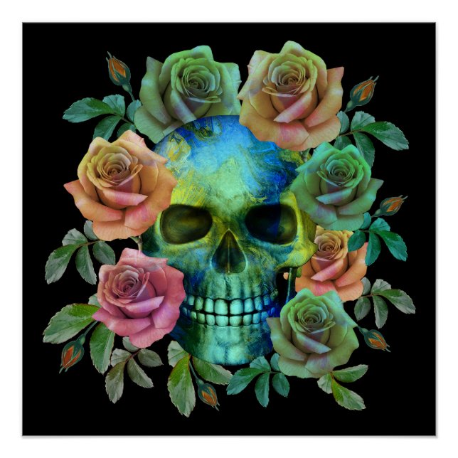 PÓSTER CRÂNIO VERDE MORTE COM FLORES (Frente)
