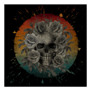 PÓSTER CRÂNIO VINTAGE E FLORES PRETO E BRANCO