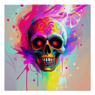 Póster Crânio vívido de neon com Abstrato