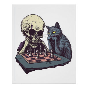 Póster Crânio vs Gato � Batalha Divertida de Xadrez