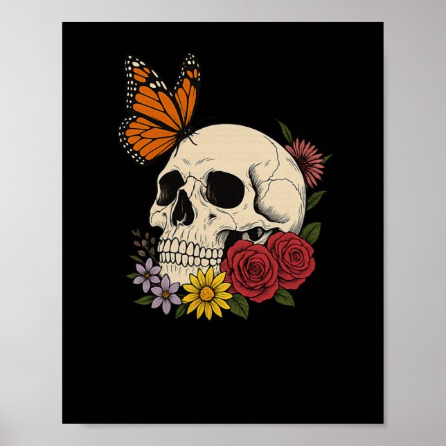 Poster Cránios Borboleta Monarca Flores Halloween Homens  (Frente)