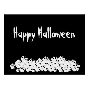 Póster Crânios brancos pretos do Halloween empilham text