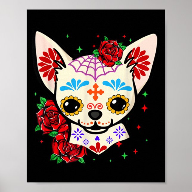 Poster Cránios de Chihuahua Dia dos Mortos Crânio de Açúc (Frente)