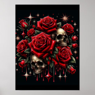 Poster Crânios Dourados & Rosas Vermelhas Brilham com Gla