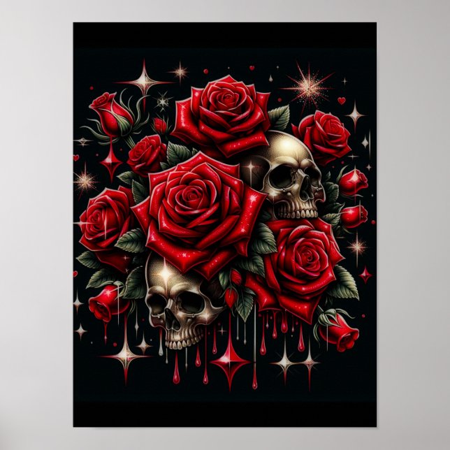 Poster Crânios Dourados & Rosas Vermelhas Brilham com Gla (Frente)