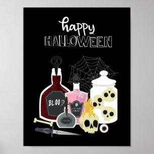 Póster Crânios e ilustrações o Dia das Bruxas feliz da