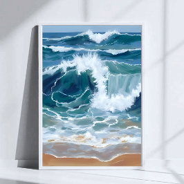 Poster Crashing Ocean Waves | Coastal Blue Watercolor
