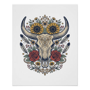 Póster Cravo Floral Vintage Crânio de Touro Ocidental