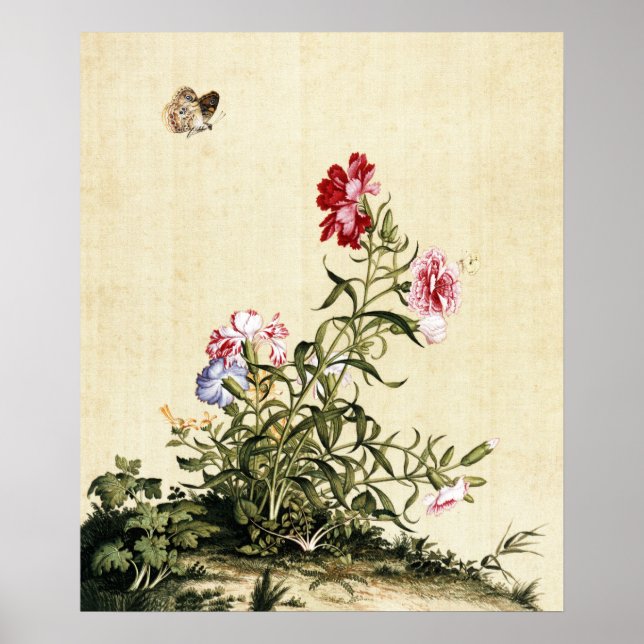 Poster Cravos e Borboletas em Chinoiserie Vintage (Frente)