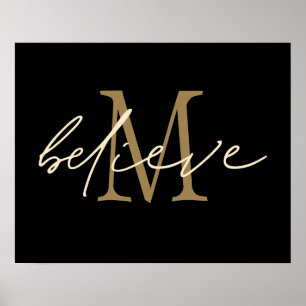 Poster Crê no Script Dourado Monograma inicial preto