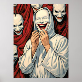 Poster Creepy Grinning Masked Cult Figures Horror Pop Art