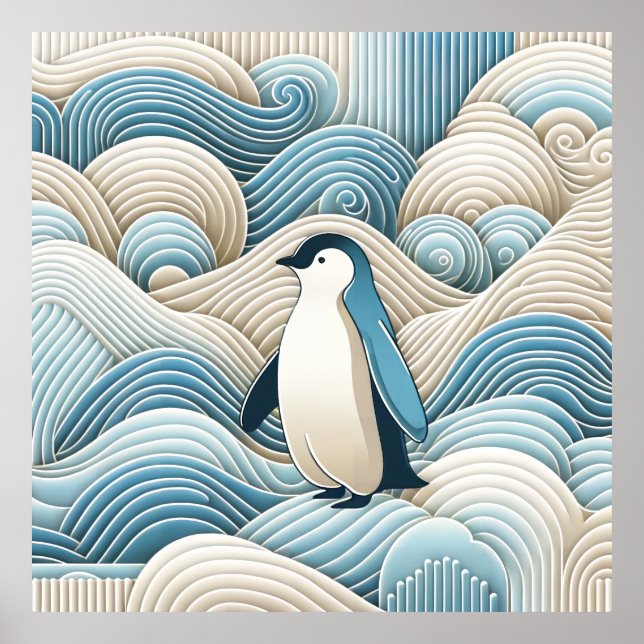 Poster Creme Azul Legal Pinguim Pinguim Inverno Onda De N (Frente)