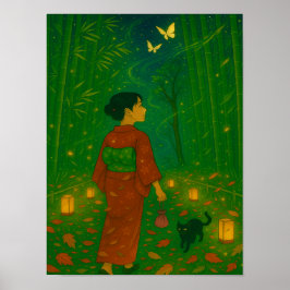 Poster Crepúsculo na Floresta Bamboo - Garota Kimono