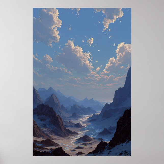 Poster Crescent Moon Over Misty Mountain Valley (Frente)