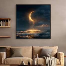Poster Crescente Lua Dourada Surreal Acima do Oceano