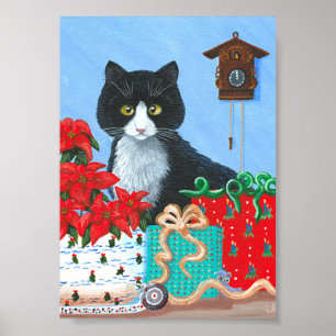 Póster Criacionaristas de Natal Tuxedo Cat Poinsettias