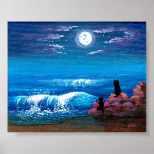 Póster Criações de Arte Negra para Gatos no Oceano Lua